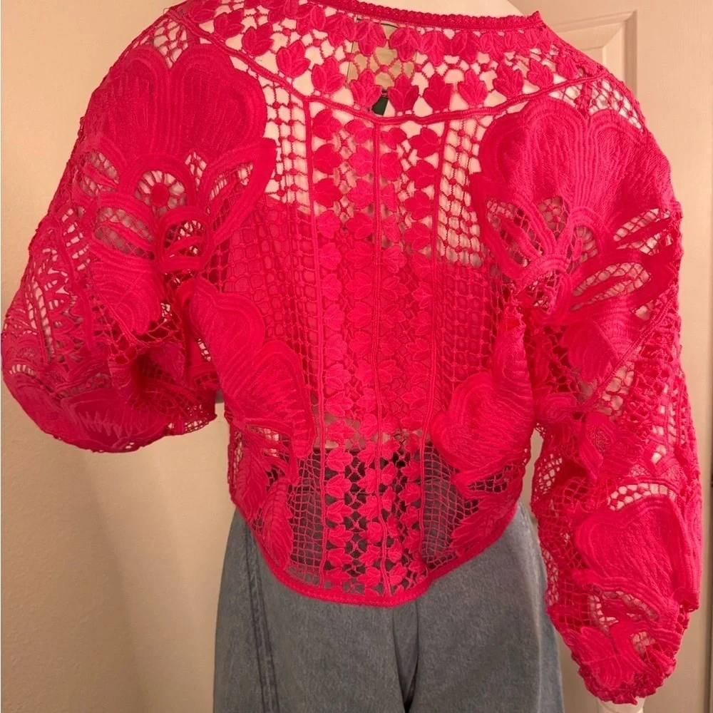 Farm Rio Boohoo Alucina Puff-Sleeve Guipure Pink Crop Top Size Small